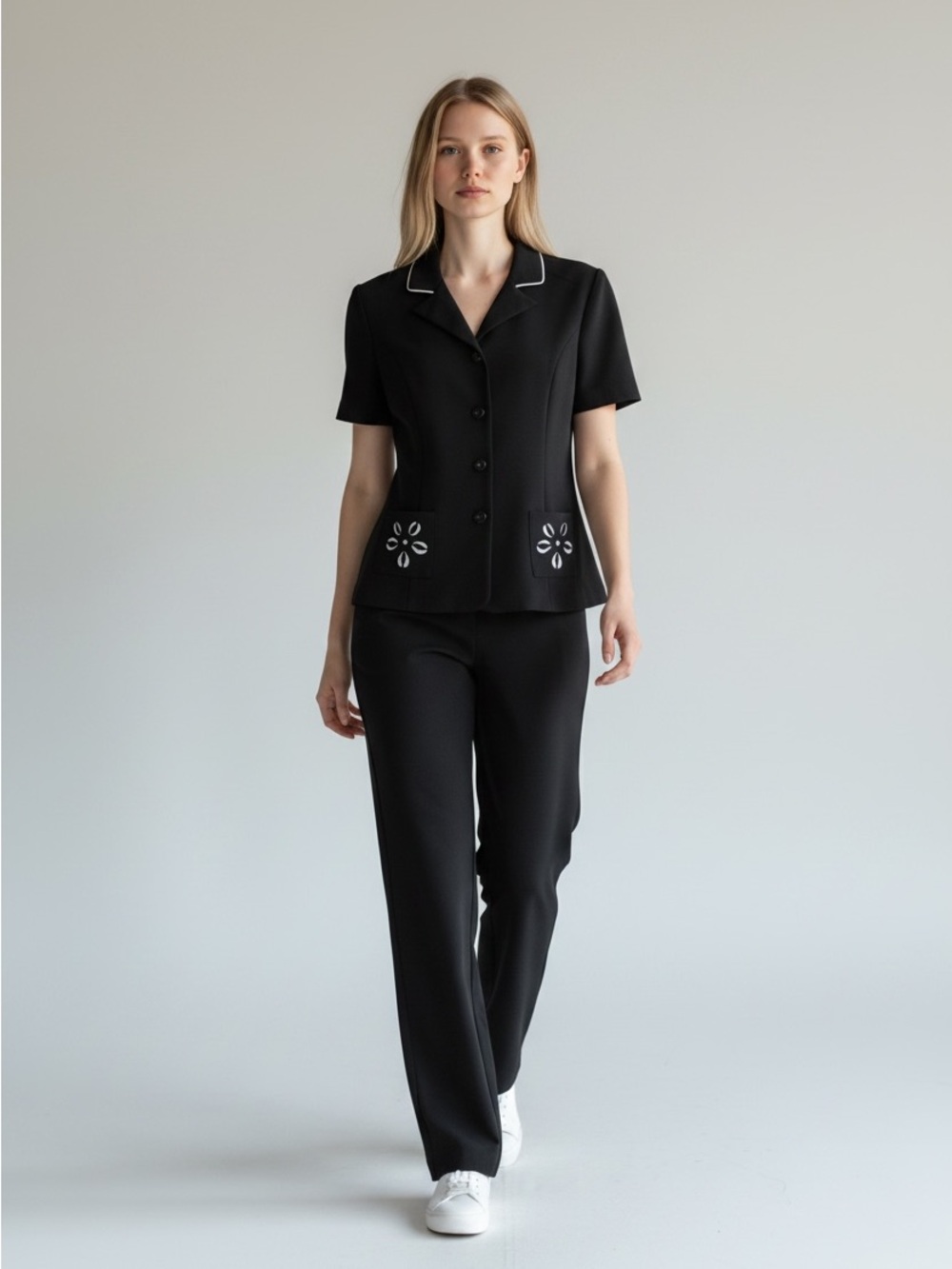Kari’s Korner Black Short-Sleeve Pant Suit with White Piping and Pocket Cutouts